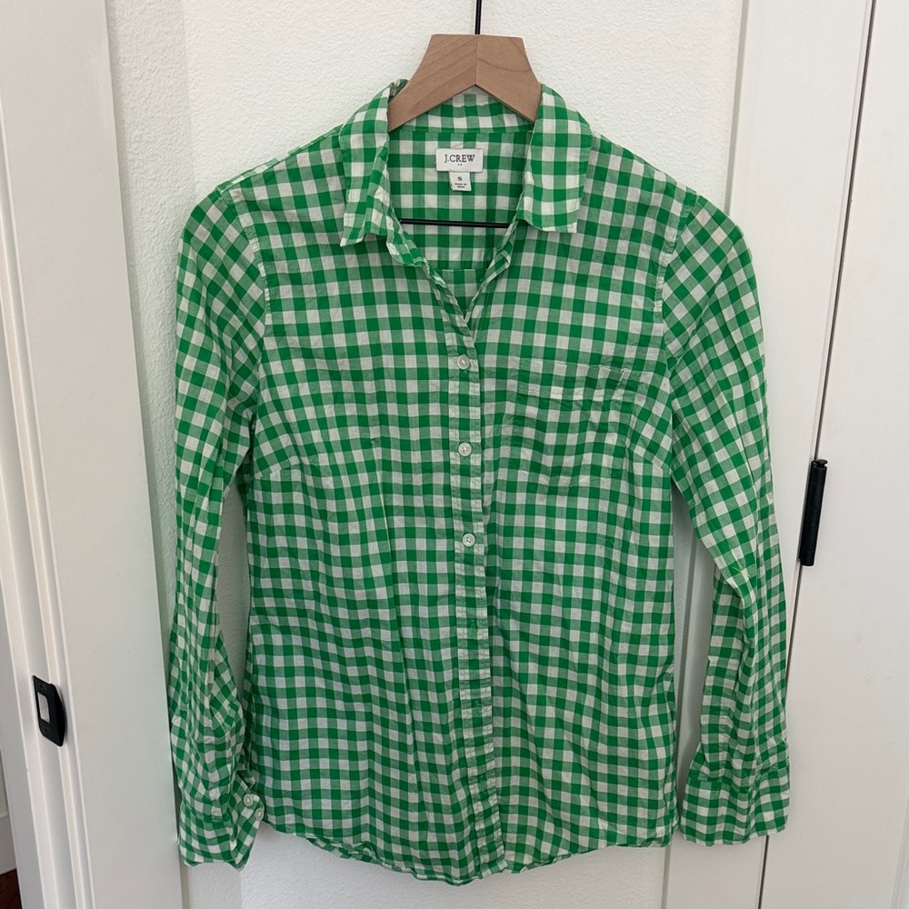 J. Crew Factory Green and White Gingham Button-Down Shirt